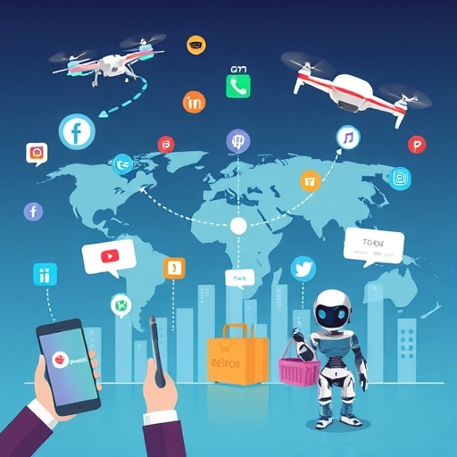 全球電子商務成長插圖，包含行動裝置、社群媒體、AI 輔助與無縫渠道連接