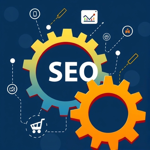 電子商務、數位行銷和 SEO 互聯齒輪，象徵企業數位策略的協同運作