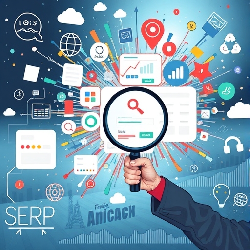 數位景觀中充滿爆發的資訊泡泡，一位堅定的專業人士手持放大鏡檢視動態變化的搜尋引擎結果頁（SERP）