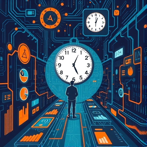 一位專業人士在複雜的數位迷宮中導航，背景有發光的資料流和快速滴答的時鐘，象徵SEO資訊的快速變化和持續學習需求