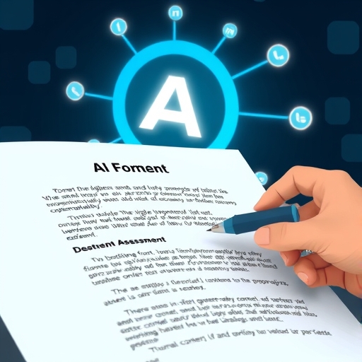 內容創作者為 AI 生成的文字文件添加人性元素，背景有發光的實用內容系統圖示，象徵品質評估與人工編輯需求