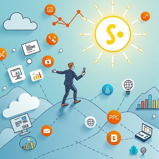 數位行銷景觀導航插圖，展示 SEO、內容行銷與 PPC 圖標，受 Search Engine Journal 指引通往成功之路