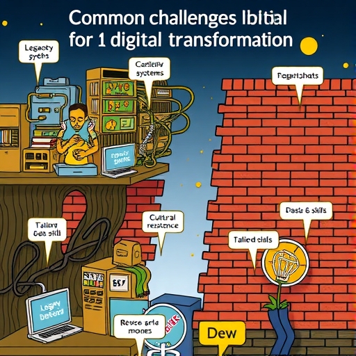 數位轉型常見挑戰插圖，描繪舊系統糾結迷宮、文化阻力磚牆、人才技能差距以及散亂數據孤島的整合需求