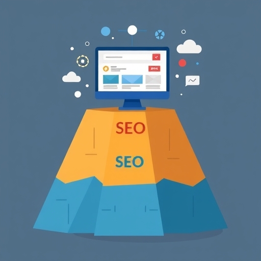 SEO 在數位策略中基礎角色插圖，顯示強健基底支撐高排名網站，並引導目標受眾找到內容