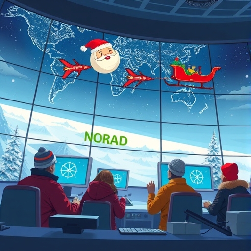 NORAD志工在現代指揮中心使用高科技電腦和雷達螢幕追蹤聖誕老人雪橇，戰鬥機戲謔護航，全球孩子觀看數位地圖的國際節日傳統