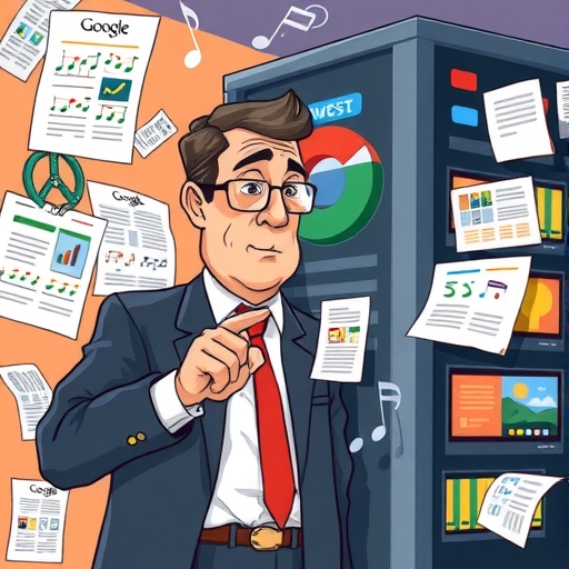 蒂埃里·布雷頓專員嚴肅指向Google伺服器吸取報紙、書籍、音樂和影片內容的插圖，描繪不公平內容獲取