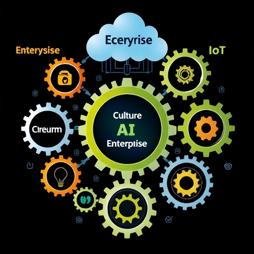 複雜企業生態系統插圖，齒輪代表文化、流程、商業模式與客戶互動，由雲端、AI、大數據與IoT驅動，創造新價值與創新