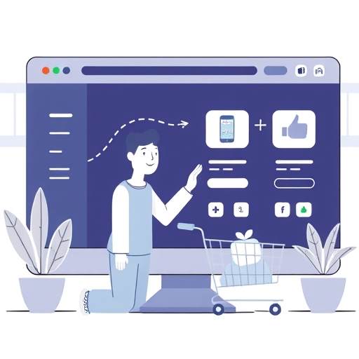 顧客愉快地瀏覽電商網站，從選購到結帳，享受順暢的使用者體驗，伴隨購物車圖示的無縫旅程