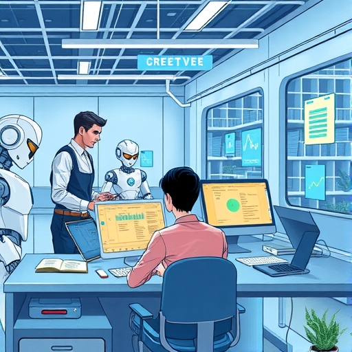 未來辦公室環境插圖，機器人與聊天機器人協助員工處理自動化任務，展示客戶服務與供應鏈管理的效率提升