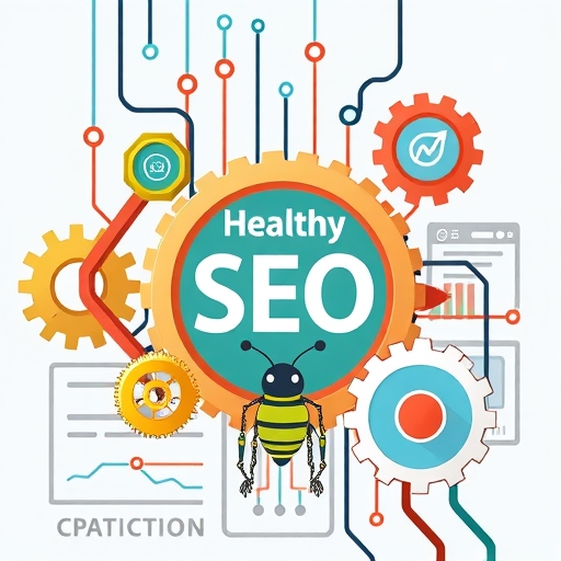 健康網站技術 SEO 插圖，展示齒輪與電路代表快速載入、行動友善與結構，Google 爬蟲順利探索