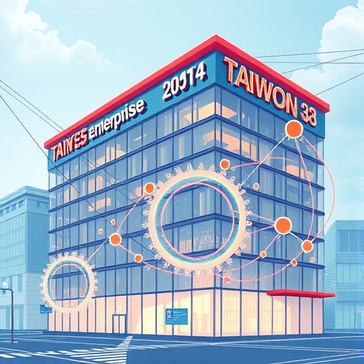 現代台灣企業建築擁抱數位轉型，流動數據流與互聯科技齒輪代表全球連通性與未來競爭力