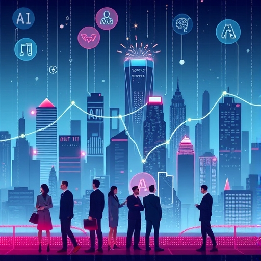 現代商業城市天際線轉型插圖，融入發光數位線條與AI符號，展示企業數位轉型的成長與創新歷程