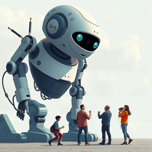 掙扎中的出版商與內容創作者仰望巨型Google AI機器人吞噬內容的插圖，代表版權疑慮、價值差距及新聞業財務衝擊