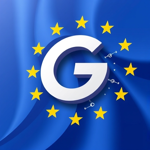 歐盟旗幟監督Google標誌與AI符號及出版內容流入的插圖，象徵版權挑戰與價值分配議題