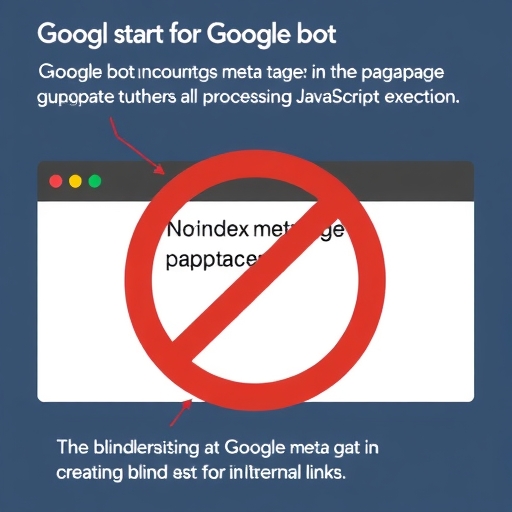 Google 爬蟲遭遇網頁上的 noindex meta 標記，隨即停止所有處理，包括 JavaScript 執行，形成內部連結的盲點