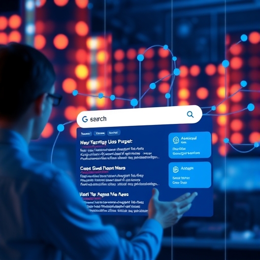 使用者與未來搜尋引擎互動,顯示AI生成答案而非傳統藍色連結的插圖