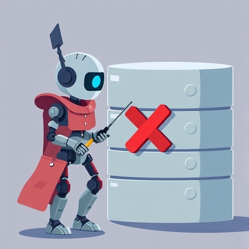 偵探機器人搜尋缺少的資料檔案,背景有大型空資料庫圖示與紅色叉號表示無資訊