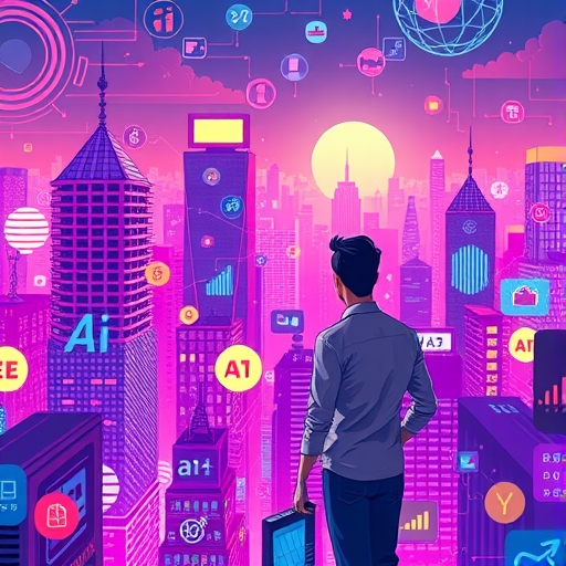 Illustration of a person navigating a complex digital landscape with AI SEO and ecommerce icons floating around a vibrant futuristic city illustration style