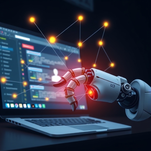 AI 機器人手輕鬆連接網站頁面，象徵自動化內部連結在數位行銷中的效率革命