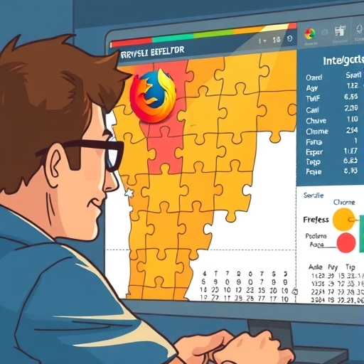 開發者注視電腦螢幕，顯示包含 Safari、Chrome 和 Firefox 的完整瀏覽器性能拼圖圖表