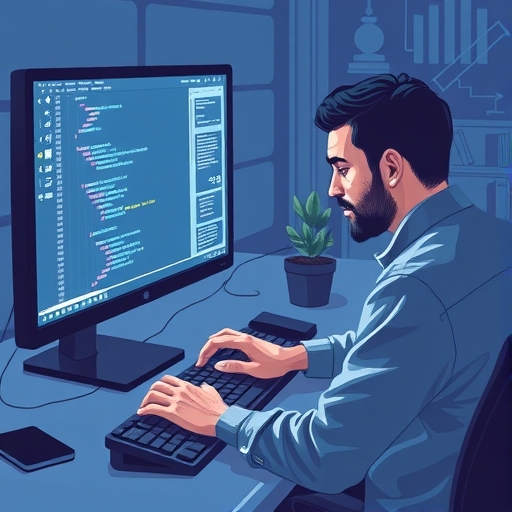 使用者在桌上型電腦前從事複雜任務如程式碼或報告撰寫，與 AI 助理合作的插圖，顯示專注生產力代理式 AI 互動