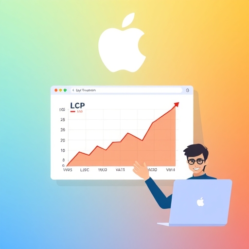 Safari 瀏覽器視窗顯示 LCP 和 CLS 指標上升圖表，象徵網頁性能優化新時代