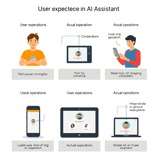 展示不同裝置上 AI 助理用戶期望與操作的多元插圖，強調裝置依賴性與最佳用戶體驗