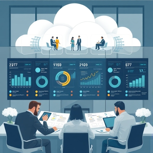企業環境中團隊操作數據儀表板、敏捷協作與雲端基礎設施的專業插圖