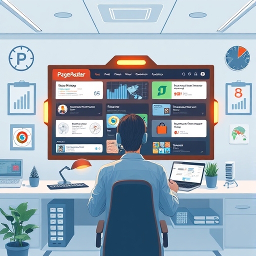 PageRadar發光中央監視器顯示來自Google、Ahrefs、Moz等來源的即時SEO新聞動態，忙碌行銷專業人士在乾淨資料中心高效吸收資訊