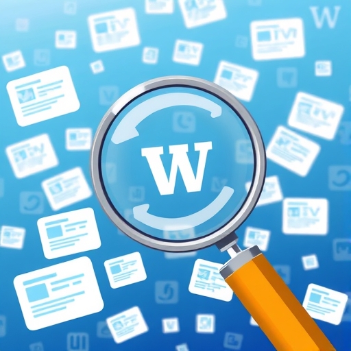 搜尋引擎優化：放大鏡在眾多搜尋結果中發現網站圖示，象徵成功穿越資訊海洋