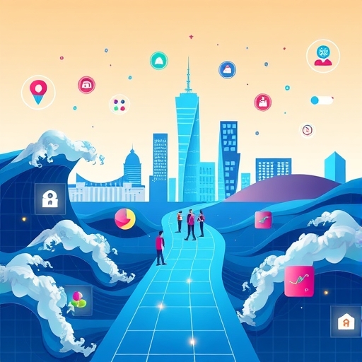 現代企業在數位浪潮中茁壯成長，團隊協作與創新元素交織的插圖