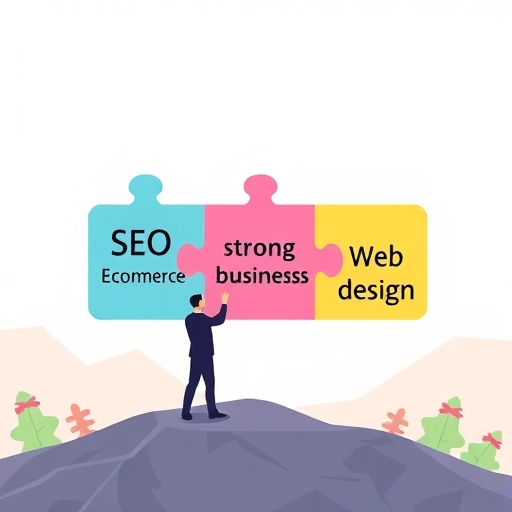 數位時代成功方程式：一人連接標示SEO、電子商務與網頁設計的三塊拼圖，象徵強健的線上業務基礎