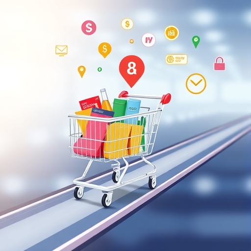 電子商務平台：滿載產品的購物車在數位軌道上順暢前行，朝向滿意客戶移動，周圍環繞安全支付圖示