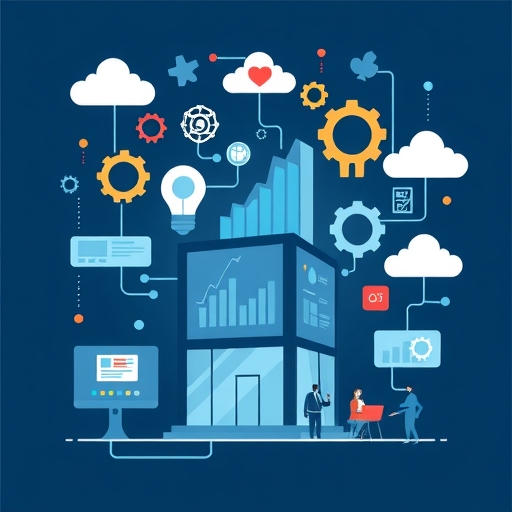 illustration of a business adapting to digital change with various tech icons like gears data clouds and people collaborating reflecting innovation and growth