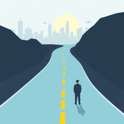 清晰路線圖的插圖,標示里程碑與箭頭,展示數位轉型的策略規劃,一位領導者引導團隊邁向未來城市