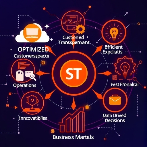 illustration of a company achieving success in digital transformation with elements like optimized customer experience efficient operations innovative business models and data driven decisions
