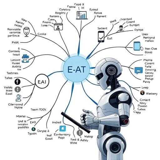 複雜心智圖展示使用者意圖連結、內容品質指標如E-E-A-T，以及AI機器人在行動裝置上分析搜尋查詢