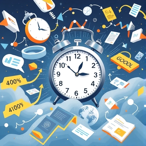 SEO 專業人士在動態數位行銷景觀中導航，面對不斷更新的資訊和演算法風暴，一個時鐘急速滴答作響