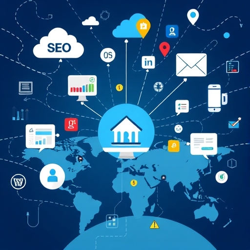 數位行銷管道網絡插圖，包括SEO、內容、社群媒體、電子郵件廣告，數據流動中企業觸及全球觀眾