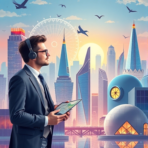 活力四射的城市景觀代表數位行銷產業，新穎建築與技術不斷崛起，一位專業人士手持羅盤與地圖展望前方