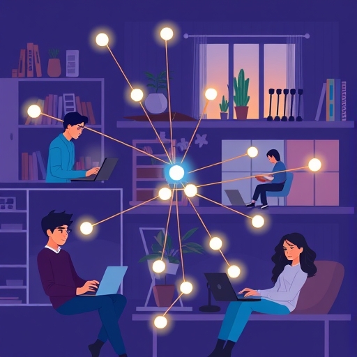 多元遠距團隊成員在不同家居環境中使用筆電和平板協作，透過發光線條象徵數位連結，展現現代數位工作空間的團結與生產力