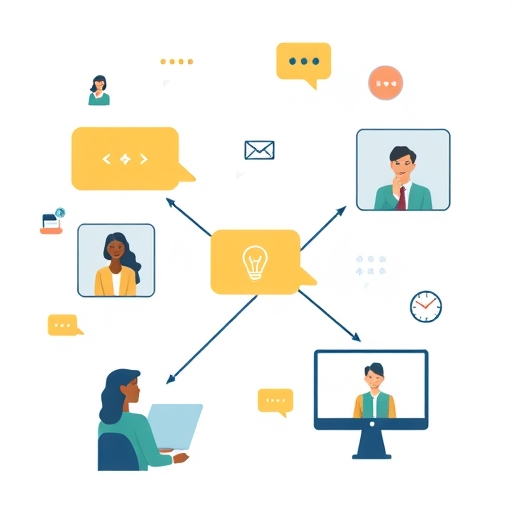 各種溝通管道如聊天泡泡、電子郵件圖示與視訊會議畫面，連結不同遠距團隊成員，象徵清晰、透明且頻繁的溝通流程