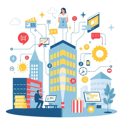 illustration showing a company transforming its operations with digital tools from IT infrastructure to customer interaction strategies depicting efficiency and innovation