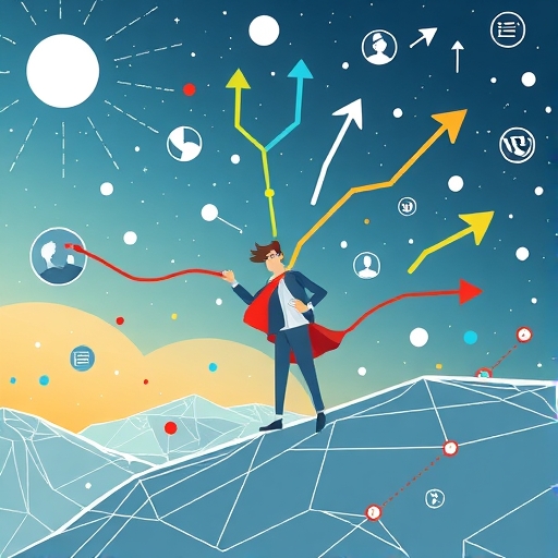 中小企業主在複雜數位景觀中導航，伴隨著成長箭頭與客戶連結，象徵機會與挑戰