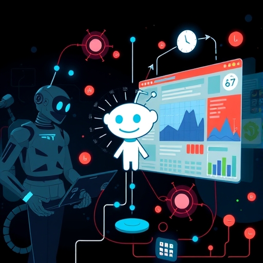 AI 演算法運作的風格化插圖，展示如何簡化 Reddit 平台上廣告活動的設定與優化