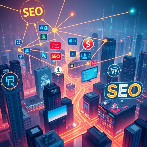 繁忙數位城市插圖，連結電子商務、數位行銷、SEO 和 AI 元素，象徵業務成長與創新