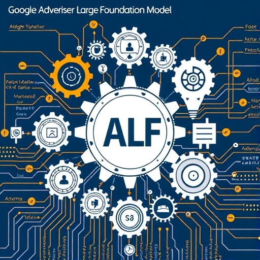 Google ALF 複雜 AI 系統圖示，包含齒輪和資料節點代表自動化和廣告產品整合