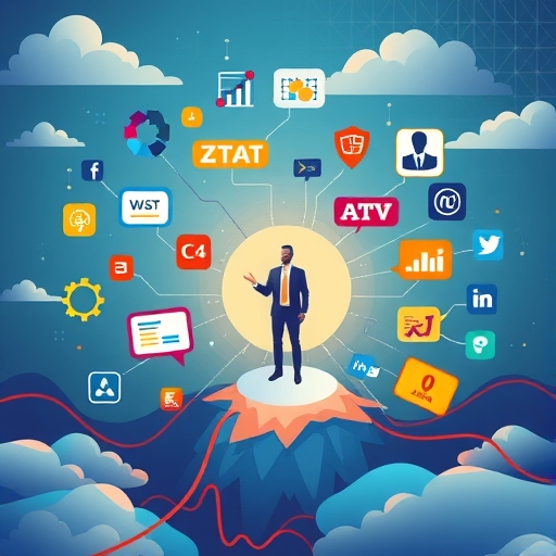 動態數位行銷景觀插圖，展示新興科技與平台環繞企業策略核心