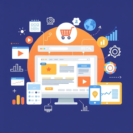 現代電商網站與SEO元素和購物車圖示,周圍環繞數位行銷工具和資料視覺化代表全面數位策略的插圖