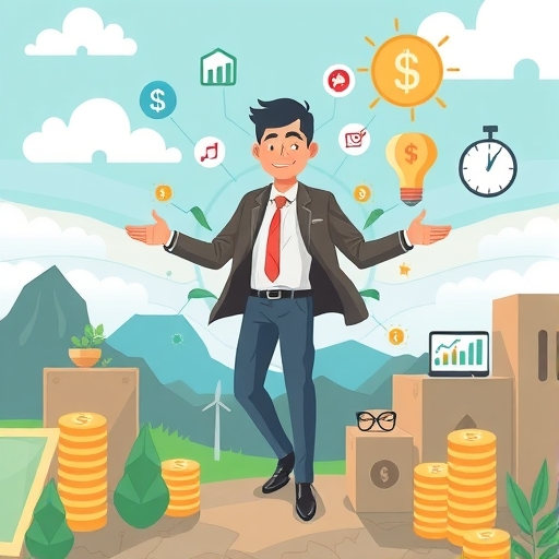 個人自信導航複雜財務景觀的插圖,周圍環繞各種投資工具與科技符號,象徵財富增長與財務自由